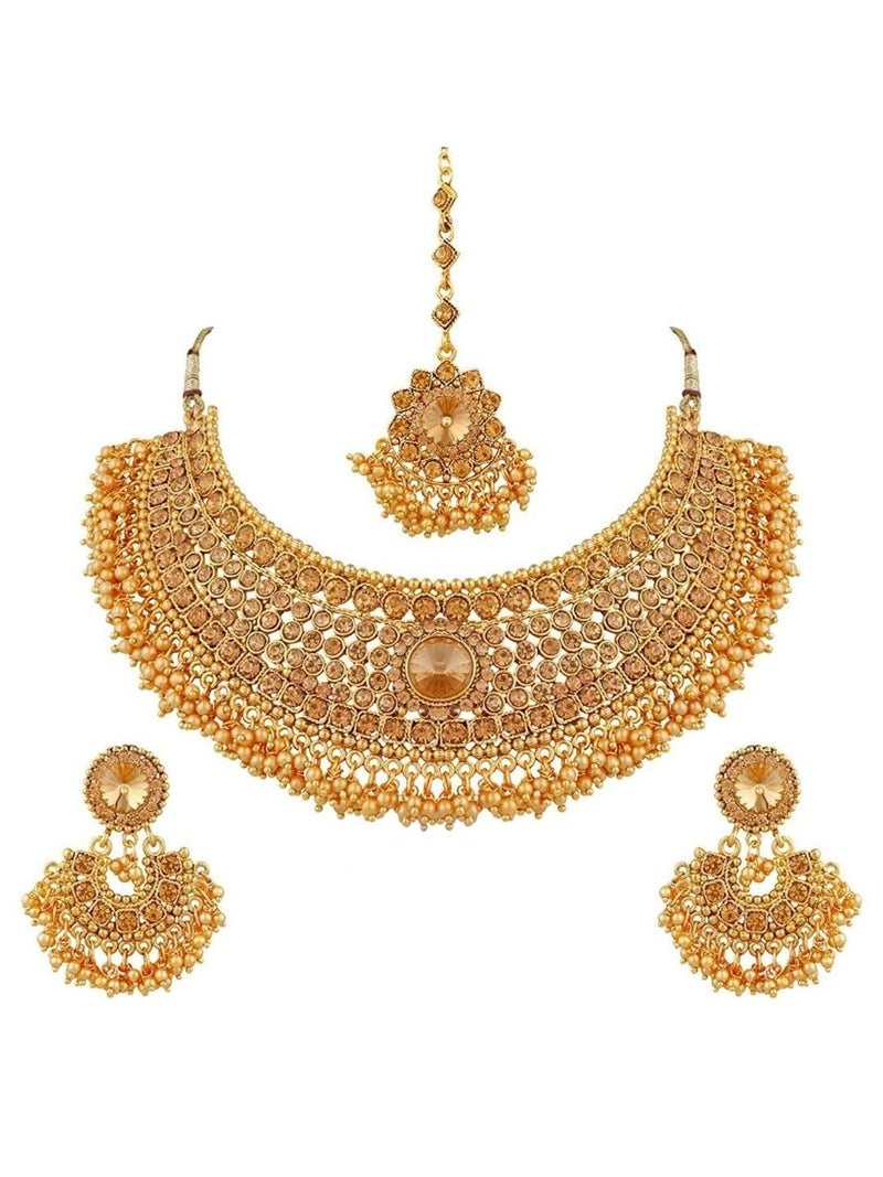 Efulgenz Indian Jewelry Sets for Women Bridal Jewelry Bollywood Traditional Crystal Faux Pearl Wedding Choker Necklace Earrings Maang Tikka Indian Wedding Jewelry - Image 1